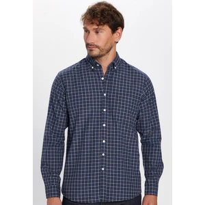 Klasik Fit Düğmeli Yaka Küçük Kareli Pamuklu Lacivert-Beyaz Erkek Gömlek