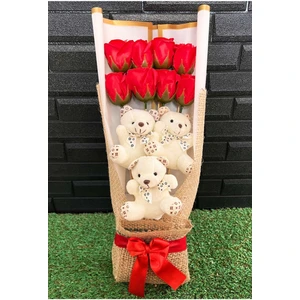 Kiz Arkadasa Hediye 3 Beyaz Ayıcıklı ve 8 Yapay Güllü Buket Sevgiliye Eşe Dogumgunu Hediyesi