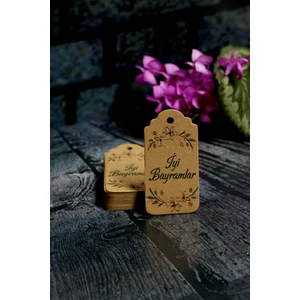 Bayram Etiketi - Iyi Bayramlar Baskılı - 50 Adet Kraft Bayram Etiketi (3.5 x 7 cm )