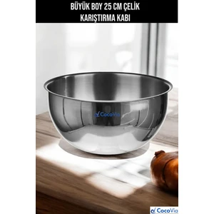 Büyük Boy Paslanmaz Çelik Profesyonel Karıştırma Kabı | Salata Servis Kasesi| Çelik Çırpma Kabı 25CM