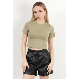 Kadın Bisiklet Yaka Kolu Bedende Basic T-Shirt Haki - 925063