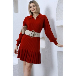 Kırmızı Yaka Fırfırlı Triko Elbise