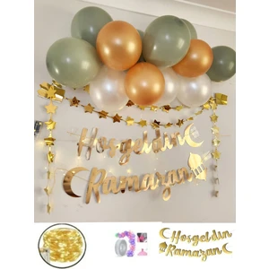 Hayaller Dükkanı Hoşgeldin Ramazan Gold Yazı Ledli Zincir Balon Seti 11 Ayın Sultanı Ramazan Bayramı Oda Süsleme Seti
