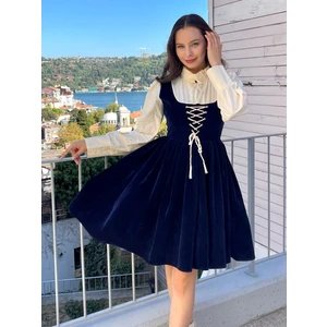 Retro Kadife Lacivert Mini Elbise