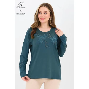 Kadın Orta Yaş ve Üzeri Viskon Ağaç Desen Taşlı Işlemeli Likralı Zümrüt Anne Penye Bluz