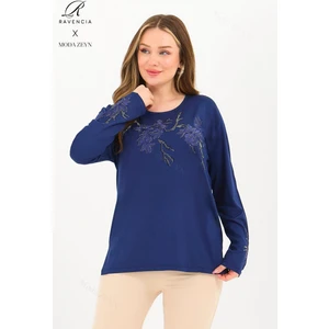 Kadın Orta Yaş ve Üzeri Viskon Ağaç Desen Taşlı Işlemeli Likralı Indigo Anne Penye Bluz