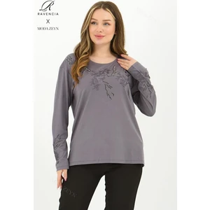Kadın Orta Yaş ve Üzeri Viskon Ağaç Desen Taşlı Işlemeli Likralı Gri Anne Penye Bluz