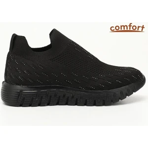 502 Kadın Siyah Triko Taşlı Memory Foam Tabanlıklı Comfort Sneaker Siyah