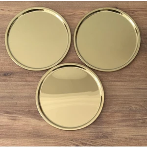 3 Adet Gold Paslanmaz Çelik 21 cm Yuvarlak Çay Kahve Pasta Servis Tepsisi Dekoratif Sunum Tepsisi