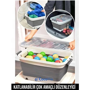 Büyük Boy Kapaklı Katlanabilir-Tekerlekli Çok Amaçlı Organizer / Çamaşır-Oyuncak Sepeti/ ( 30 Litre)