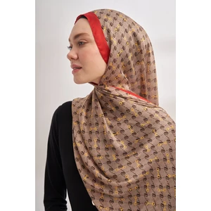 Monogram Desen Ithal Vual Şal - Bej-Kırmızı