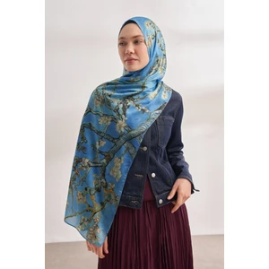 Van Gogh Imzalı Ünlü Almond Blossoms Desen Şal - Kot Mavisi