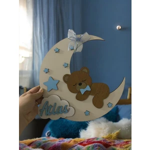 Erel Tasarım Uyuyan Ayı Teddy Bear Desenli Kişiye Özel Çocuk ve Bebek Odası  Ahşap Kapı ve Duvar Süsü.