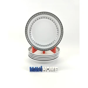 Kenarları Siyah Işleme Desenli 20 cm Çukur Yemek Tabağı 6 Lı