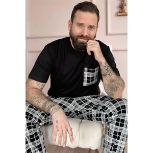 Siyah Beyaz Ekose Desen Cep Detaylı Kısa Kol Erkek Pijama Takımı