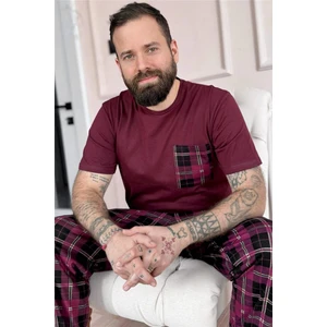 Bordo Ekose Desen Cep Detaylı Kısa Kol Erkek Pijama Takımı