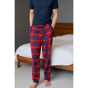 Elemge Erkek Kareli Pijama Altı Cepli Süet Kumaş Esnek Rahat Kesim İpli Regular Fit Beli Lastikli Kırmızı-Lacivert Ekoseli Eşofman Tek Alt