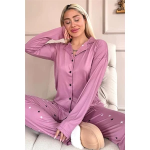 Pijama Evi Pudra Stars Desenli Bambu Önden Düğmeli Uzun Kol Kadın Pijama Takımı