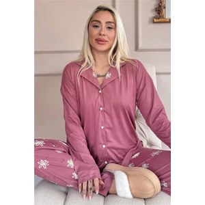 Pijama Evi Pudra Daisy Desenli Bambu Önden Düğmeli Uzun Kol Kadın Pijama Takımı