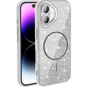 Apple iPhone 16 Kılıf Magsafe Şarj Özellikli Parlayan Simli Okso Kapak - Beyaz