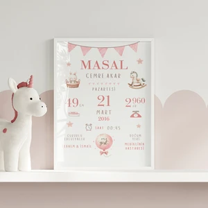 Çocuk Kalbi Atölyesi Pembe Bayraklı Doğum Tablosu, Bebek Doğum Hatırası Tablosu, Doğum Panosu