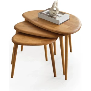 Masif Doğal Ahşap Zigon Sehpa 3'lü Set, Modern Masif Yan Sehpa