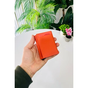 Unisex Mat Turuncu Deri Otomatik Mekanizmalı Kişiye Özel Kartlık Cüzdan