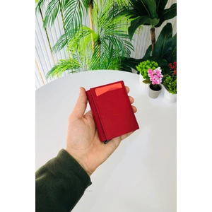 Unisex Mat Kırmızı Deri Otomatik Mekanizmalı Kişiye Özel Kartlık Cüzdan