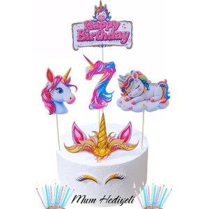 7 Yaş Unicorn Pasta Süsü - 7 Yaş Unicorn Doğum Günü Konsepti - Unicorn Kürdanlı Pasta Süsü