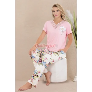 Pembe Renk Çiçek Desenli Lady 12596 Pamuklu Kadınların Tercihi Kısa Kol Pijama Takımı