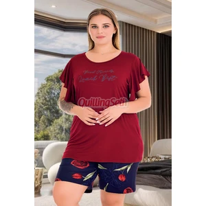 Bordo - Lacivert Renk ve Gül Desenli 10428 Şortlu Büyük Beden Anne Pijama Takımı