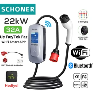 22KW Taşınabilir Elektrikli Araç Şarj Istasyonu Wi-Fi / Bluetooth Smart 5 Metre Tip2 Kablolu Trifaz/monofaz 32A