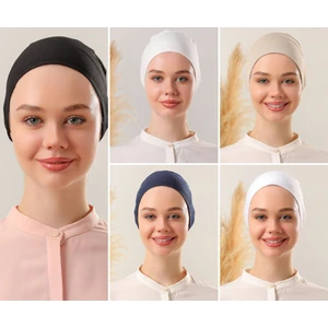 Melodi Scarf Kadın Tesettür Dikişli Set Bone Siyah Beyaz Ekru Lacivert Bej 5 Adet Bağlamalı Penye Bone