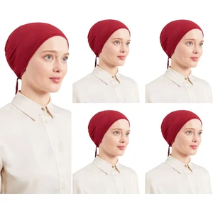 Melodi Scarf Kadın Tesettür Dikişli Set Bone Bordo 5 Adet Bağlamalı Penye Bone