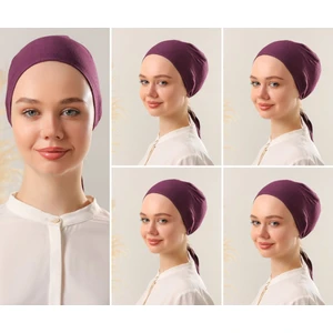 Melodi Scarf Kadın Tesettür Dikişli Set Bone Mor 5 Adet Bağlamalı Penye Bone