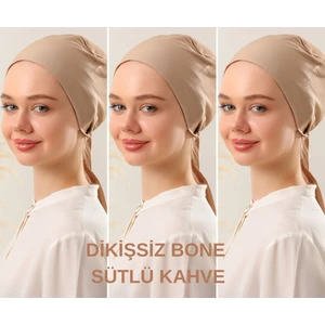 Melodi Scarf Kadın Tesettür Dikişsiz Set Bone Sütlü Kahve 3 Adet Bağlamalı Penye Bone