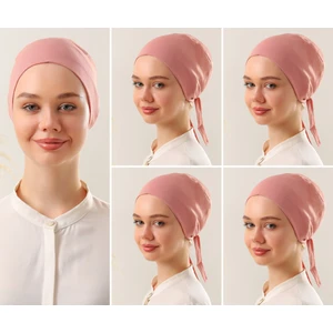 Melodi Scarf Kadın Tesettür Dikişli Set Bone Pudra 5 Adet Bağlamalı Penye Bone