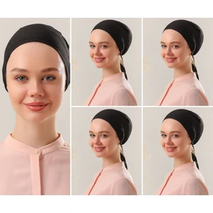 Melodi Scarf Kadın Tesettür Dikişli Set Bone Siyah 5 Adet Bağlamalı Penye Bone