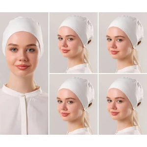 Melodi Scarf Kadın Tesettür Dikişli Set Bone Ekru 5 Adet Bağlamalı Penye Bone