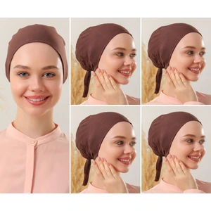 Melodi Scarf Kadın Tesettür Dikişli Set Bone Kahverengi 5 Adet Bağlamalı Penye Bone