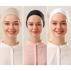 Melodi Scarf Kadın Tesettür Dikişsiz Set Bone Siyah Beyaz Bej 3 Adet Bağlamalı Penye Bone