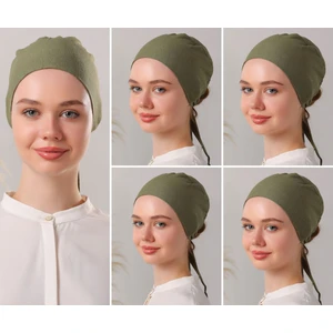 Melodi Scarf Kadın Tesettür Dikişli Set Bone Haki 5 Adet Bağlamalı Penye Bone