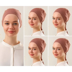 Melodi Scarf Kadın Tesettür Dikişli Set Bone Tarçın 5 Adet Bağlamalı Penye Bone
