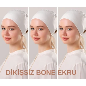 Melodi Scarf Kadın Tesettür Dikişsiz Set Bone Ekru 3 Adet Bağlamalı Penye Bone