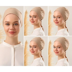 Melodi Scarf Kadın Tesettür Dikişli Set Bone Sütlü Kahve 5 Adet Bağlamalı Penye Bone