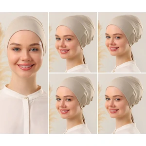 Melodi Scarf Kadın Tesettür Dikişli Set Bone Bej 5 Adet Bağlamalı Penye Bone