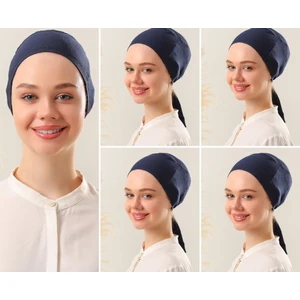 Melodi Scarf Kadın Tesettür Dikişli Set Bone Lacivert 5 Adet Bağlamalı Penye Bone