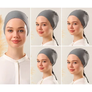 Melodi Scarf Kadın Tesettür Dikişli Set Bone Koyu Gri 5 Adet Bağlamalı Penye Bone