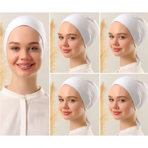 Melodi Scarf Kadın Tesettür Dikişli Set Bone Beyaz 5 Adet Bağlamalı Penye Bone
