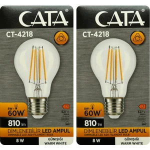 (2ADET) Cata CT-4218 8W (60W) 3000K (Sarı Işık) Dim Edilebilir E27 Duylu (Kalın Duy) LED Filament Ampul